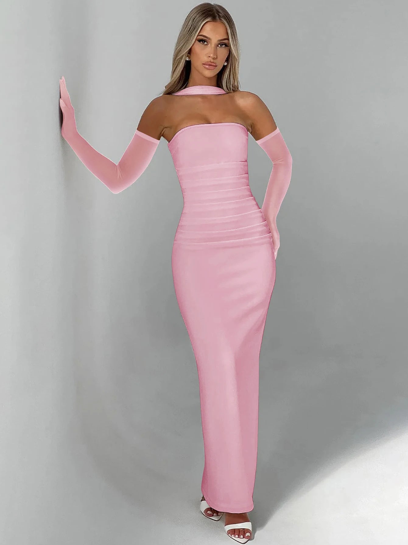 Hugcitar elegante cachecol sem alças luvas de malha sólida sexy bodycon maxi vestido de baile moda feminina y2k roupas festa de casamento aniversário