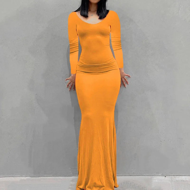 Novo vestido feminino longo, casual, justo, de manga comprida, para usar em casa