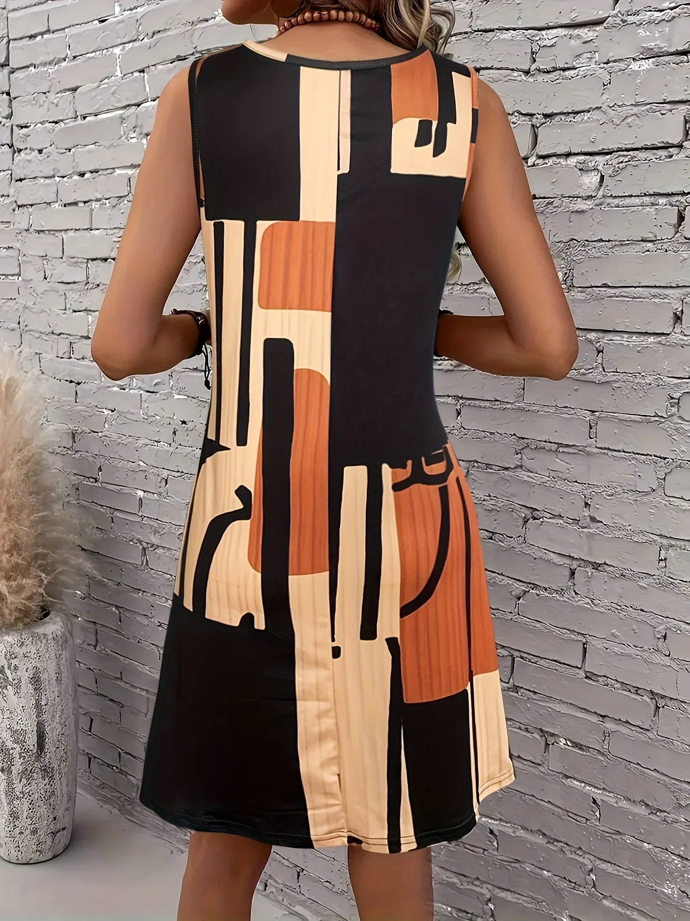 Vestido feminino sem mangas com estampa geométrica para primavera/verão, ideal para férias de verão. Vestido midi boêmio para mulheres.