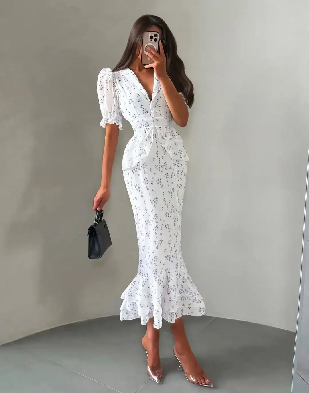 Vestido Midi Plissado com Decote em V e Cintura Marcada, Manga Curta com Lapela, Cintura Alta, Elegante, Novo, Feminino, Verão