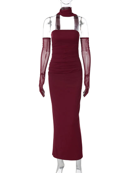Hugcitar elegante cachecol sem alças luvas de malha sólida sexy bodycon maxi vestido de baile moda feminina y2k roupas festa de casamento aniversário