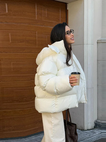 Moda com capuz recortado jaqueta acolchoada para mulheres casual sólido zíper bolso casaco de grandes dimensões senhora 2025 inverno rua quente outerwear
