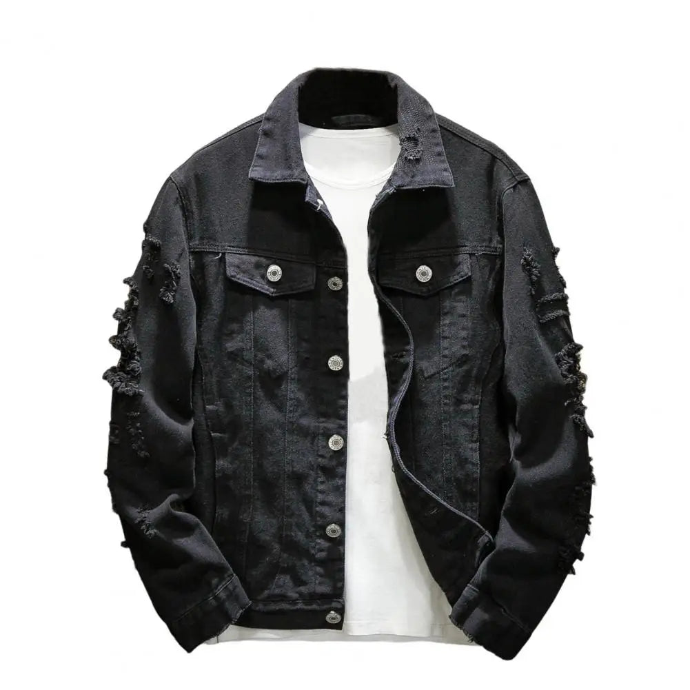 Rasgado buraco jean jaquetas masculinas outerwear casacos jeans quentes gola aberta botões soltos jaquetas jeans cor sólida casaco jeans