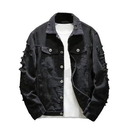 Rasgado buraco jean jaquetas masculinas outerwear casacos jeans quentes gola aberta botões soltos jaquetas jeans cor sólida casaco jeans
