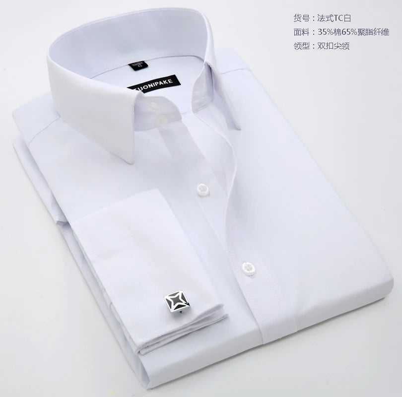 Camisa masculina com abotoaduras francesas, ajuste fino de manga comprida, manga de negócios, sem unhas, camisa formal masculina de cor sólida