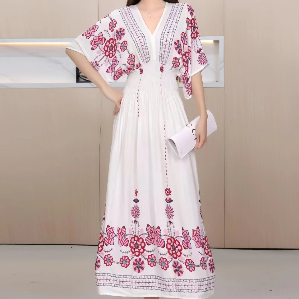 Flor colorida com decote em v elástico jovem boêmio doce midi vestido mulher roupas chique moda vestidos de verão 2025 grande balanço esqui