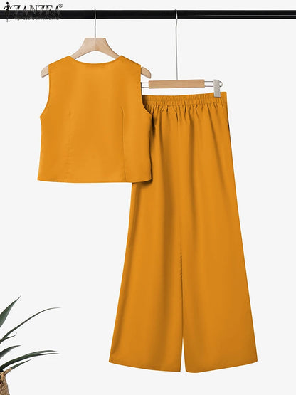 Zanzea rua moda feminina 2 peças conjuntos elegante colete topos calças de perna larga 2 pçs ternos roupa senhora do escritório cor sólida conjuntos de calças