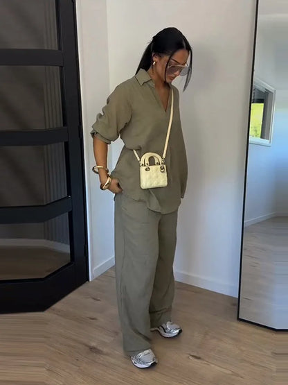 Fashion Solid Long Pants Set Women Chic Lapel Single Breasted Shirt High Waist Wide Leg Trousers 2026 Spring Summer 2 Pcs Outfit