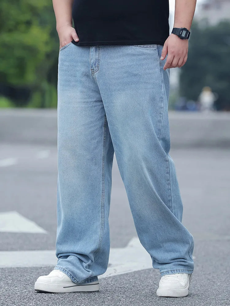 FENROOST Calça Jeans Masculina Plus Size de Cintura Alta Reta Solta Versátil para Todas as Estações Nova