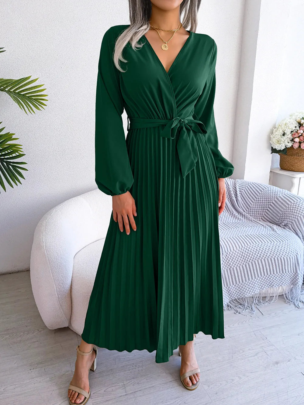Elegante V Neck manga comprida das mulheres plissado vestido Maxi