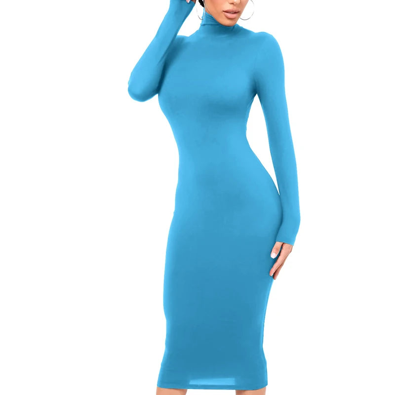 Inverno preto gola alta sexy vestido feminino outono manga longa magro midi boydcon casual azul pelúcia na altura do joelho festa clube