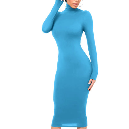 Inverno preto gola alta sexy vestido feminino outono manga longa magro midi boydcon casual azul pelúcia na altura do joelho festa clube