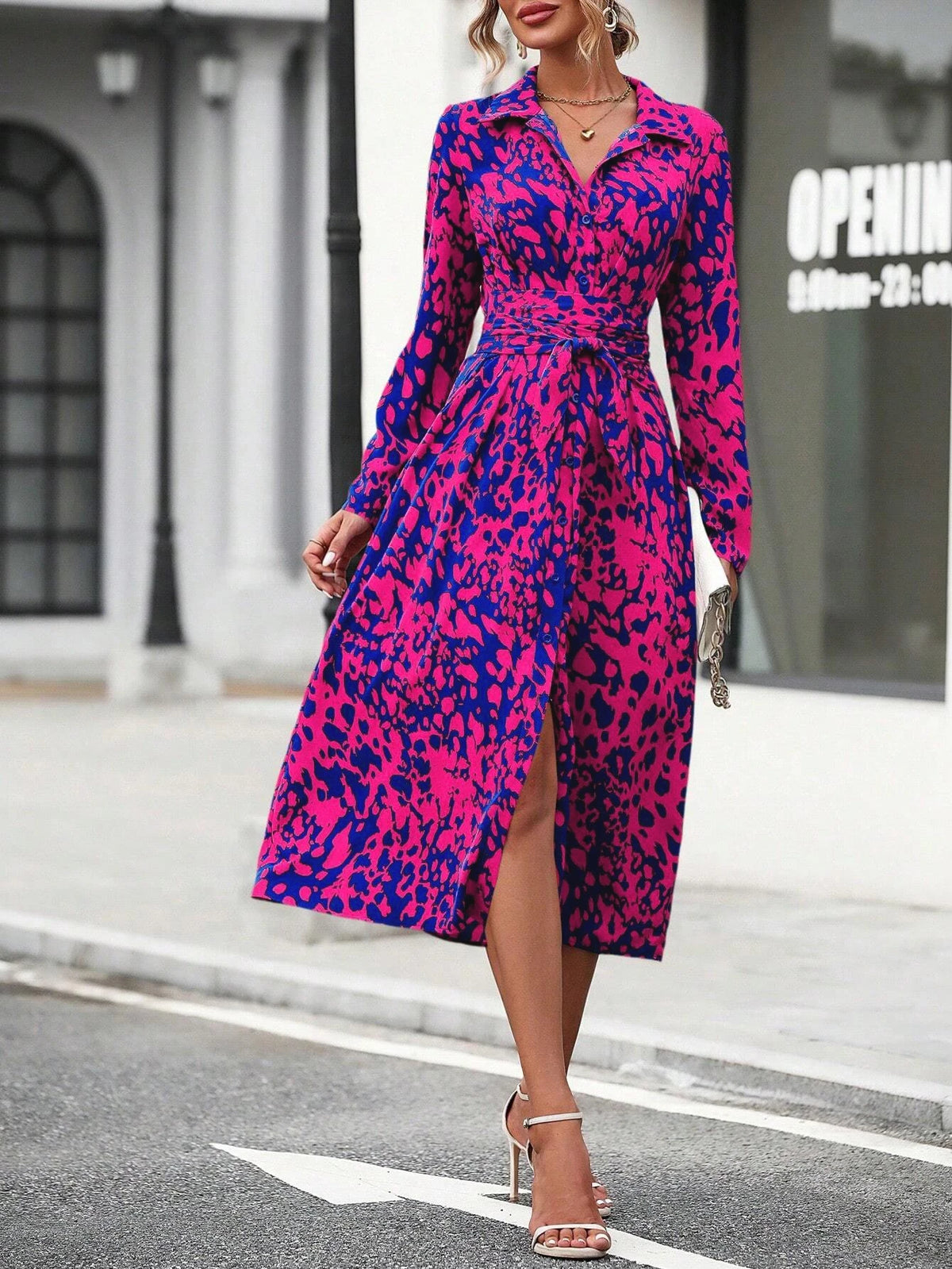 Elegante impressão aleatória botão para baixo camisa vestido feminino manga longa com cinto cintura midi vestido primavera outono escritório vestido casual