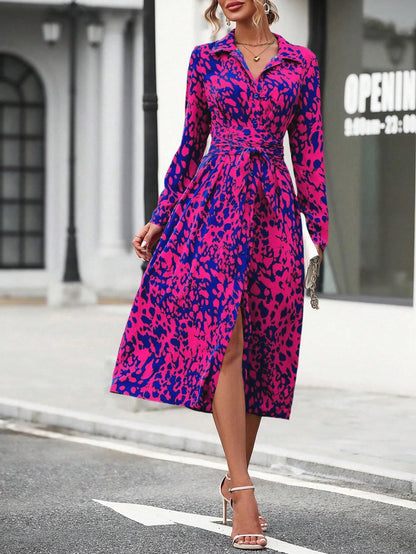 Elegante impressão aleatória botão para baixo camisa vestido feminino manga longa com cinto cintura midi vestido primavera outono escritório vestido casual