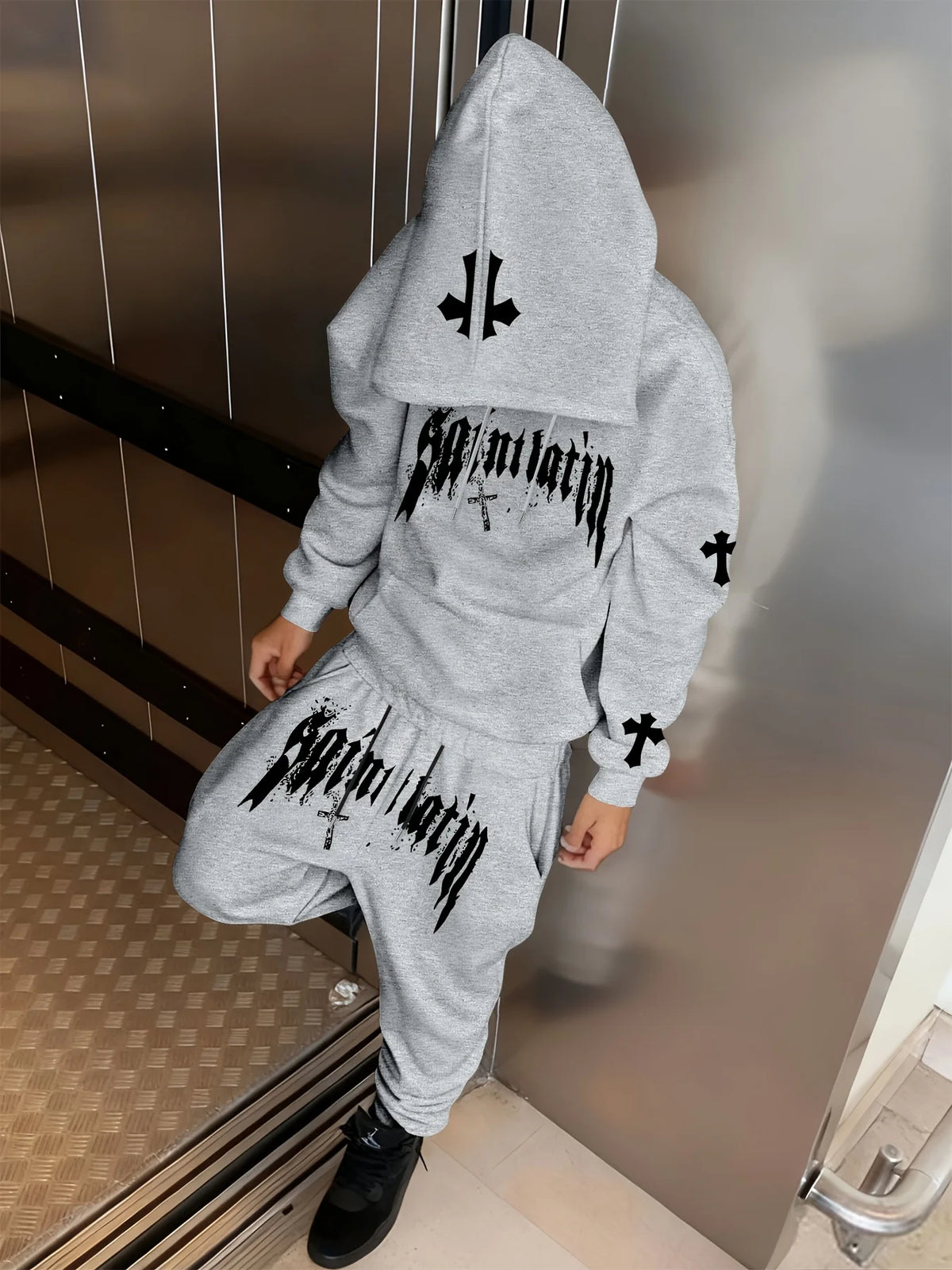 Conjunto de 2 Peças para Homens: Moletom com Capuz e Estampa de Letras, Calças Jogger com Cordão e Bolso, Roupas Casuais para Esportes ao Ar Livre