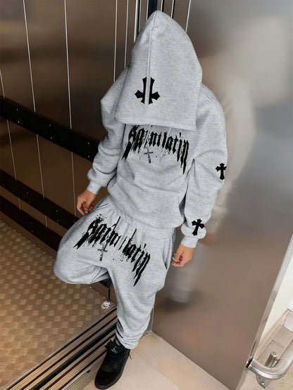 Conjunto de 2 Peças para Homens: Moletom com Capuz e Estampa de Letras, Calças Jogger com Cordão e Bolso, Roupas Casuais para Esportes ao Ar Livre