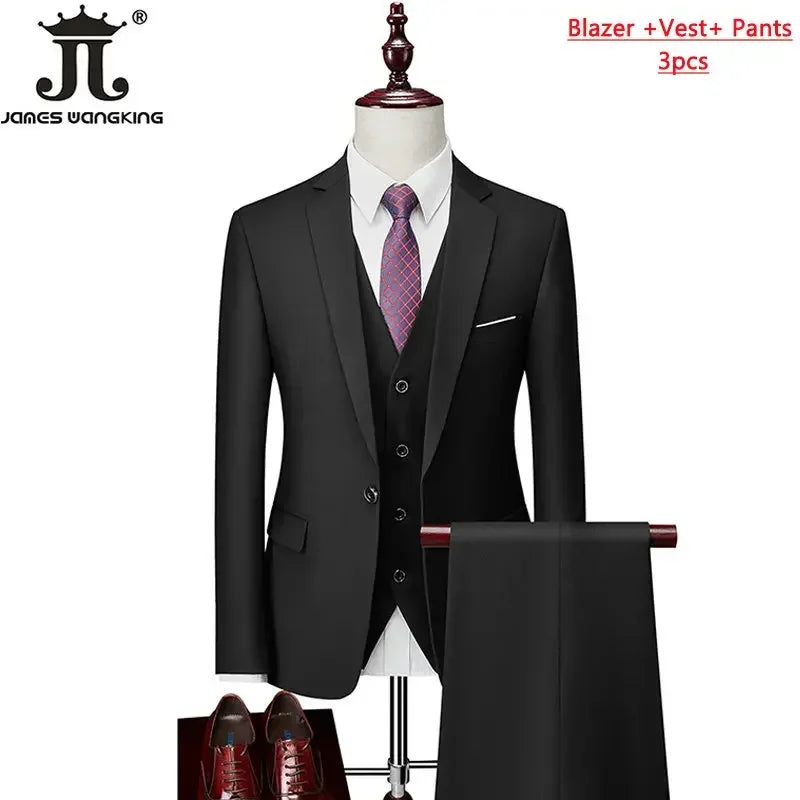 Conjunto de Terno Masculino de 3 Peças (Blazer + Colete + Calça) Tamanhos EUA XXS-3XL, Cor Sólida, Estilo Boutique, para Negócios Oficiais, Casamentos e Festas