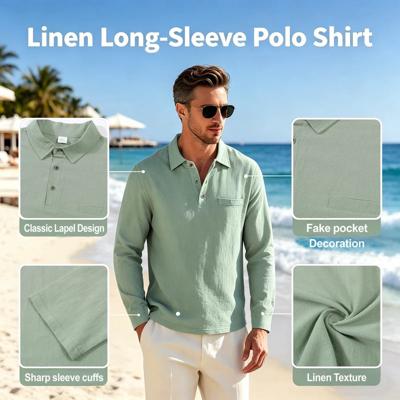 Camisa Masculina Casual de Linho e Algodão Leve com Lapela, Solta, Cor Sólida, Moda Primavera Outono, com Detalhe Decorativo na Gola