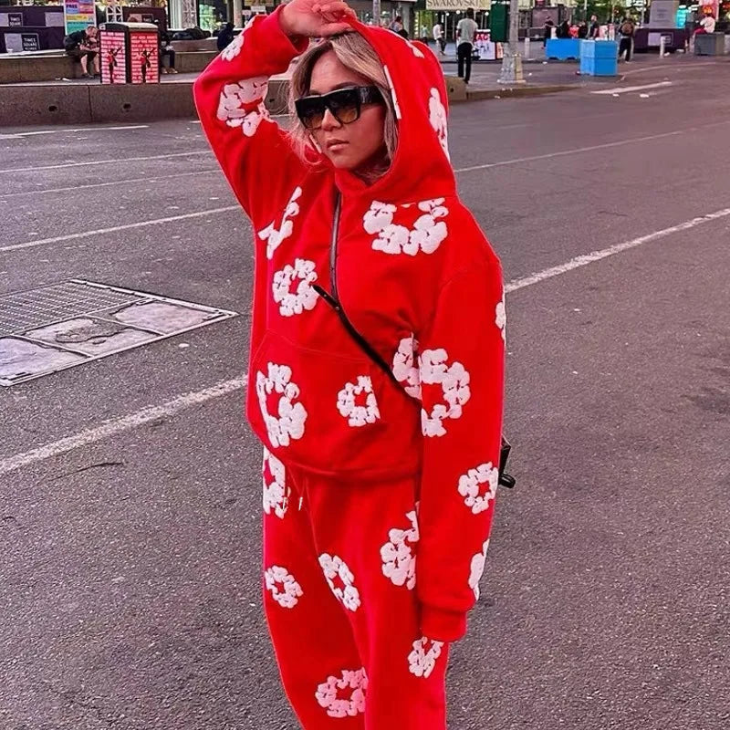Conjunto Feminino de 2 Peças 2026: Moletom Casual Estampado de Espuma Solto + Calça - Roupa Feminina de Outono Inverno