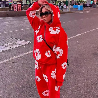 Conjunto Feminino de 2 Peças 2026: Moletom Casual Estampado de Espuma Solto + Calça - Roupa Feminina de Outono Inverno