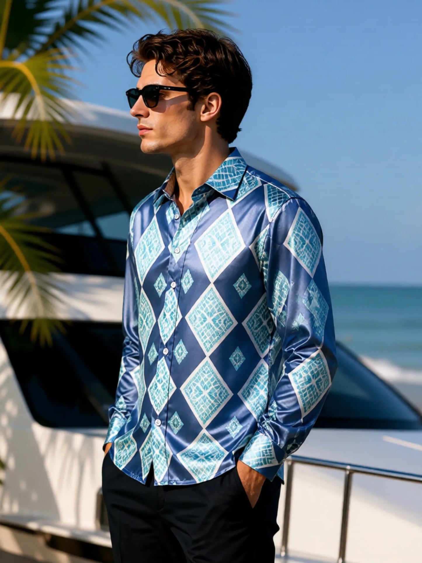 Camisa Social Masculina de Cetim com Manga Longa e Botões, Estampada, Tecido Liso e Brilhante, Ideal para o Dia a Dia, Escritório, Trabalho e Uso Diário
