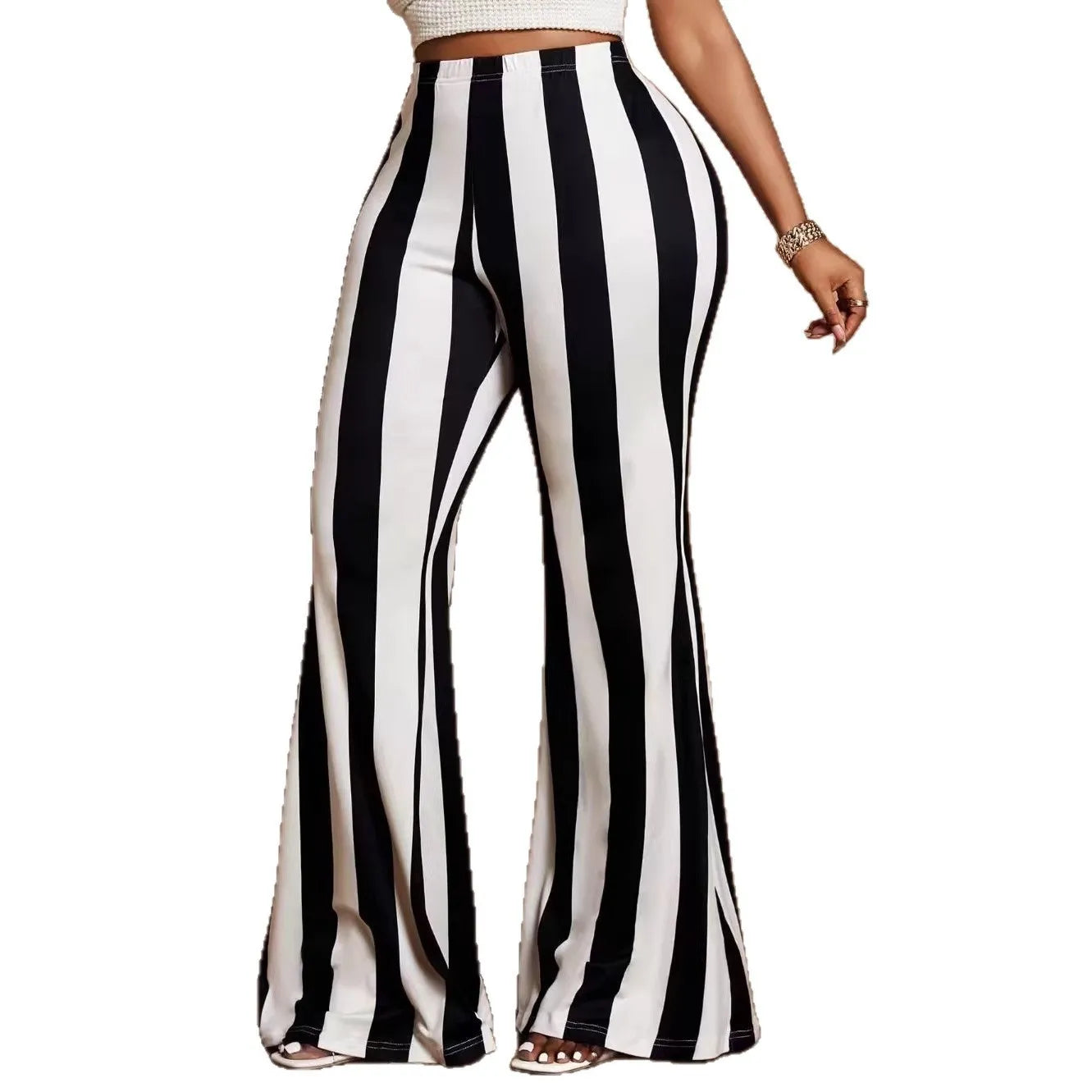 Calças Casuais Femininas de Cintura Alta Pretas e Brancas, Calças Flare com Stretch Quatro Direções, Calças de Perna Larga, Roupas Femininas