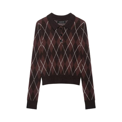 Suéter Feminino de Tricô Argyle para Outono/Inverno, Pulôver Casual Quente com Botões e Manga Longa
