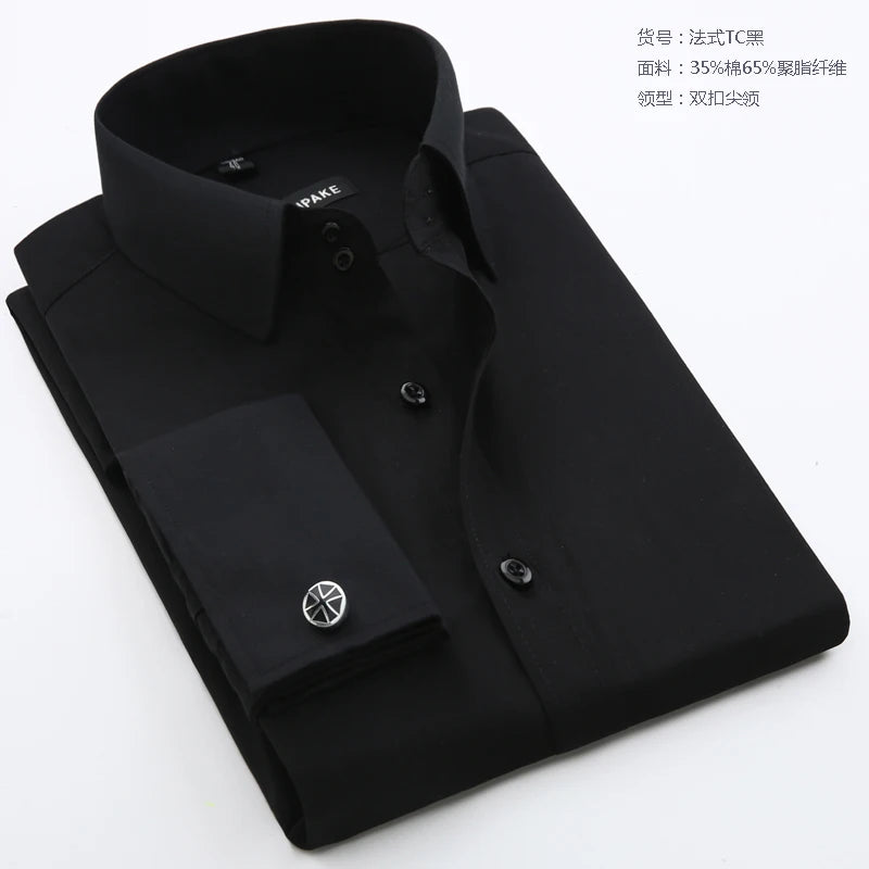Camisa masculina com abotoaduras francesas, ajuste fino de manga comprida, manga de negócios, sem unhas, camisa formal masculina de cor sólida
