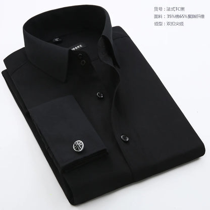 Camisa masculina com abotoaduras francesas, ajuste fino de manga comprida, manga de negócios, sem unhas, camisa formal masculina de cor sólida