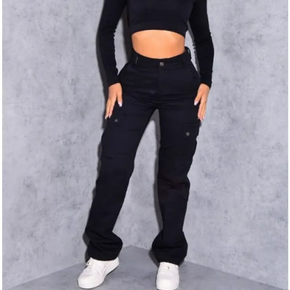 Mulheres cintura alta alta elástica sólida jeans 2023 novo outono jeans feminino workwear com bolso denim calças de perna reta calças de carga