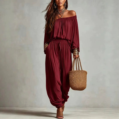 Conjunto Elegante de Duas Peças com Blusa de Manga Longa Off Shoulder e Calças Jogger com Cordão para Mulheres