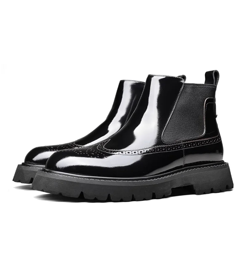 Estilo britânico masculino couro genuíno chelsea brogue em relevo botas curtas de alta qualidade sapatos de negócios sola grossa brilhante
