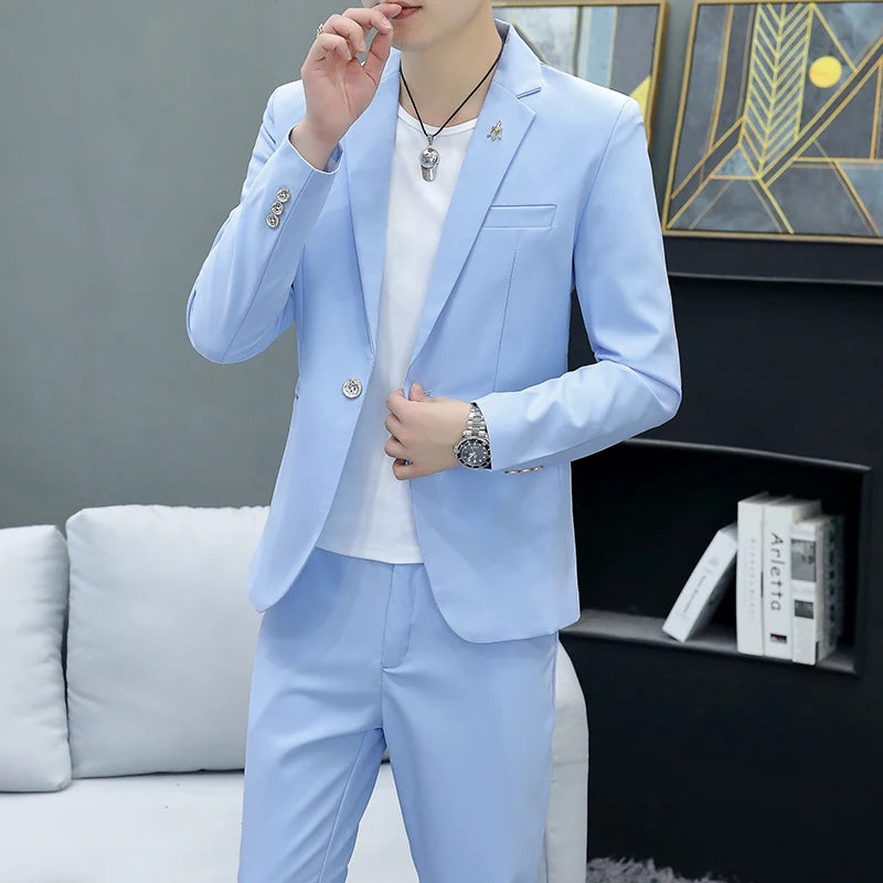 Slim Fit Two-Piece Suit Casual Business Style Solid Color Autumn  Dress Suit with Trousers Included Stylish Men's Costume