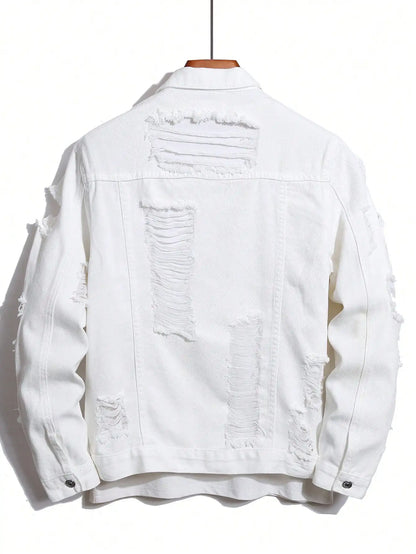 Jaqueta de Jeans Masculina para Primavera e Outono. Jaqueta de Denim Branca com Rasgos. Moda de Rua. Casual Diário.