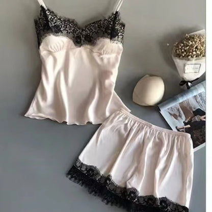 Duas pçs novo verão feminino com decote em v sexy conjunto de pijama de renda feminino sexy rendas suspender topo e shorts casual casa pijamas