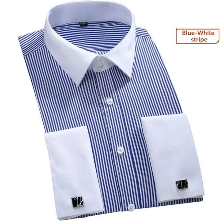Quality French Cufflinks Shirt Men's Long Sleeve Tuxedo Male Brand Slim Fit White Button Cuff Social Men Dress Shirts