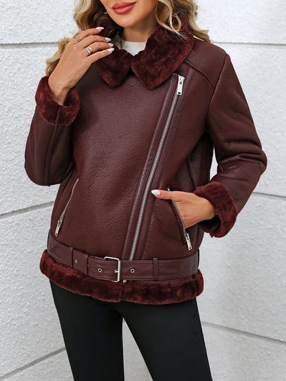 Fitaylor inverno feminino jaqueta de couro de pele do falso casual senhora grosso casaco de couro quente alta rua motocicleta outwear