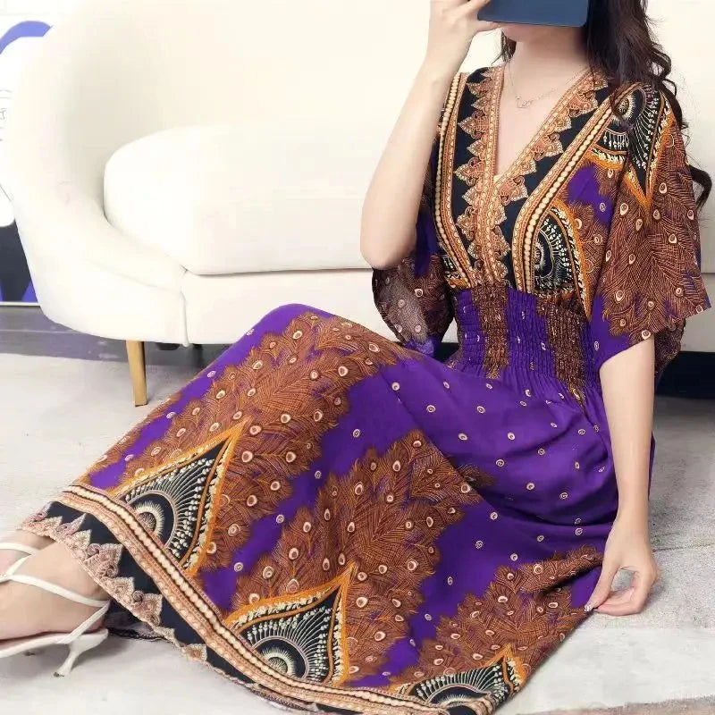 Flor colorida com decote em v elástico jovem boêmio doce midi vestido mulher roupas chique moda vestidos de verão 2025 grande balanço esqui
