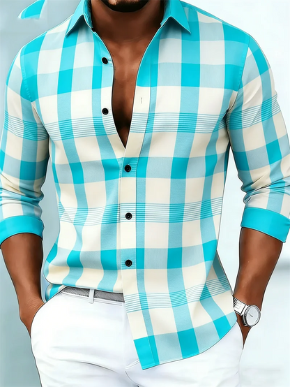 Nova camisa masculina de manga comprida, casual, com estampa 3D listrada, de alta qualidade, com fechamento de botão único.