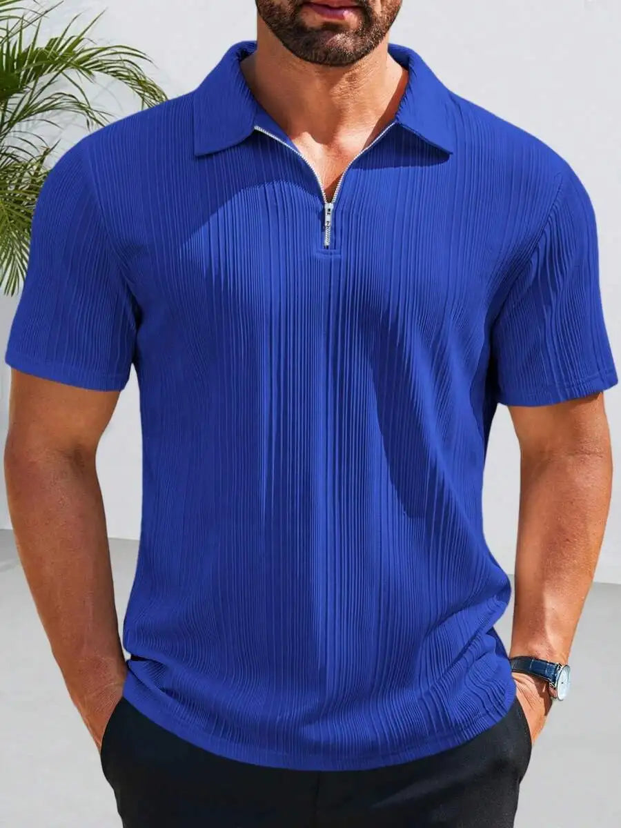 Camisa Masculina com Zíper Frontal, Malha Texturizada, Manga Curta, Casual, Leve, para Golfe