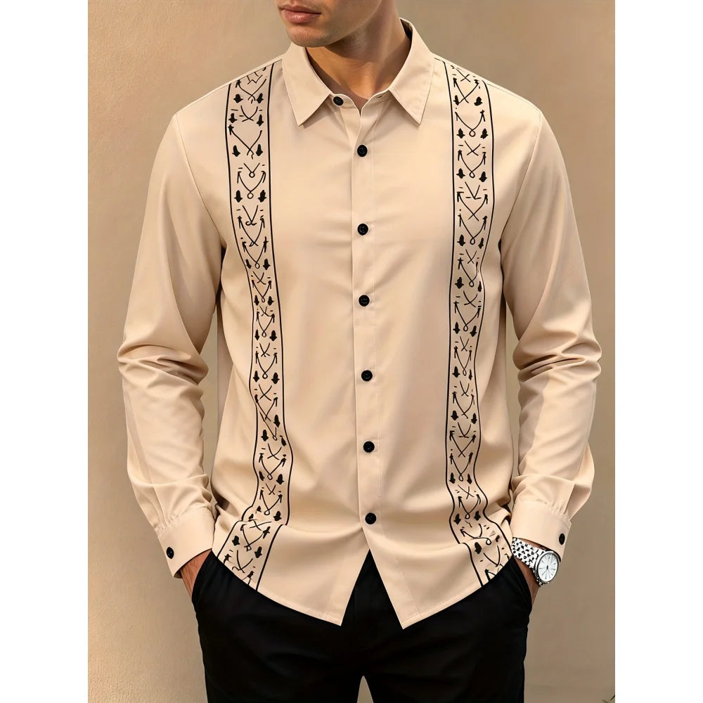 Camisas masculinas retrô com estampa geométrica 3D, manga comprida, elegantes, pretas e brancas, com blocos de cores, slim fit, casual, versátil.