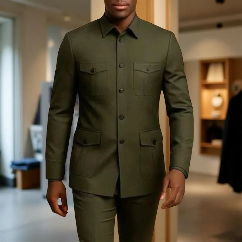 Ternos Casuais Masculinos Safari com Bolsos, Estilo de Moda Chinesa, Ajuste Slim, Terno de Casamento Sob Medida, 2 Peças, Jaqueta e Calças
