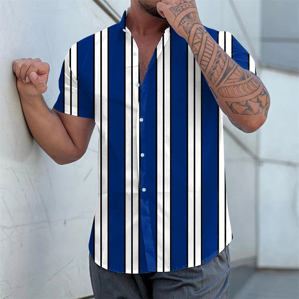 Camiseta listrada de manga curta com botão havaiano masculina, blusa xadrez, roupa de praia vermelha, camisa preta e branca, roupas masculinas, verão