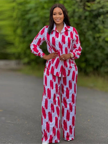 Conjunto de calças impressas feminino primavera outono casual botão camisas de manga comprida e calças retas de cintura alta 2 peça conjunto roupas casuais