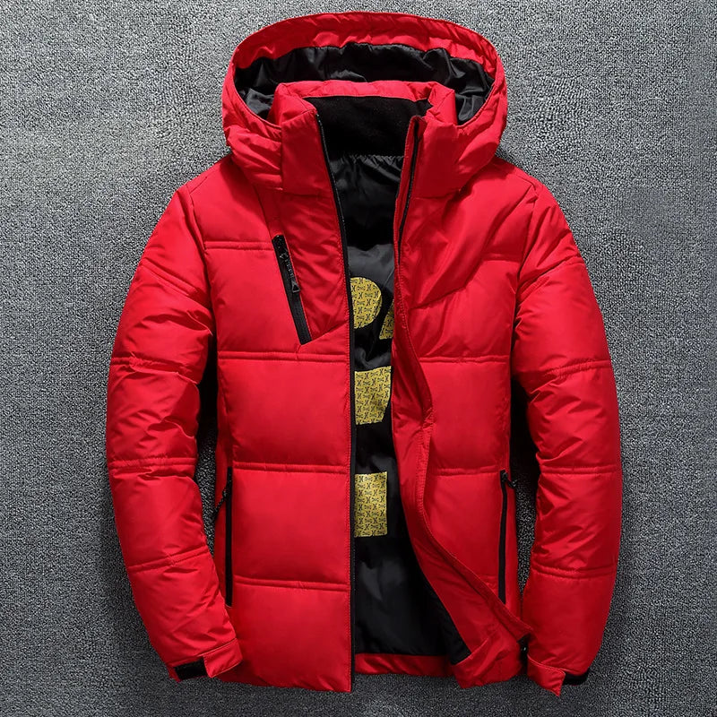 Pato branco para baixo jaqueta masculina inverno casaco à prova de vento removível boné parkas cor sólida ao ar livre casual com capuz roupas