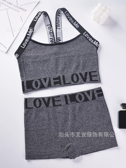 Conjunto de ioga esportiva de 2 peças para mulher, com estampa de letras, ideal para o verão, praia, academia, calça e shorts com alças, estilo anos 2000. Roupas femininas baratas.