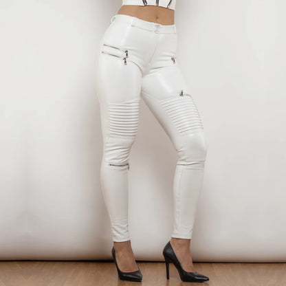 Shascullfites melodia branco calças de couro do plutônio revestimento mulher moda calças finas leggings de couro falso cintura elástica calças femininas