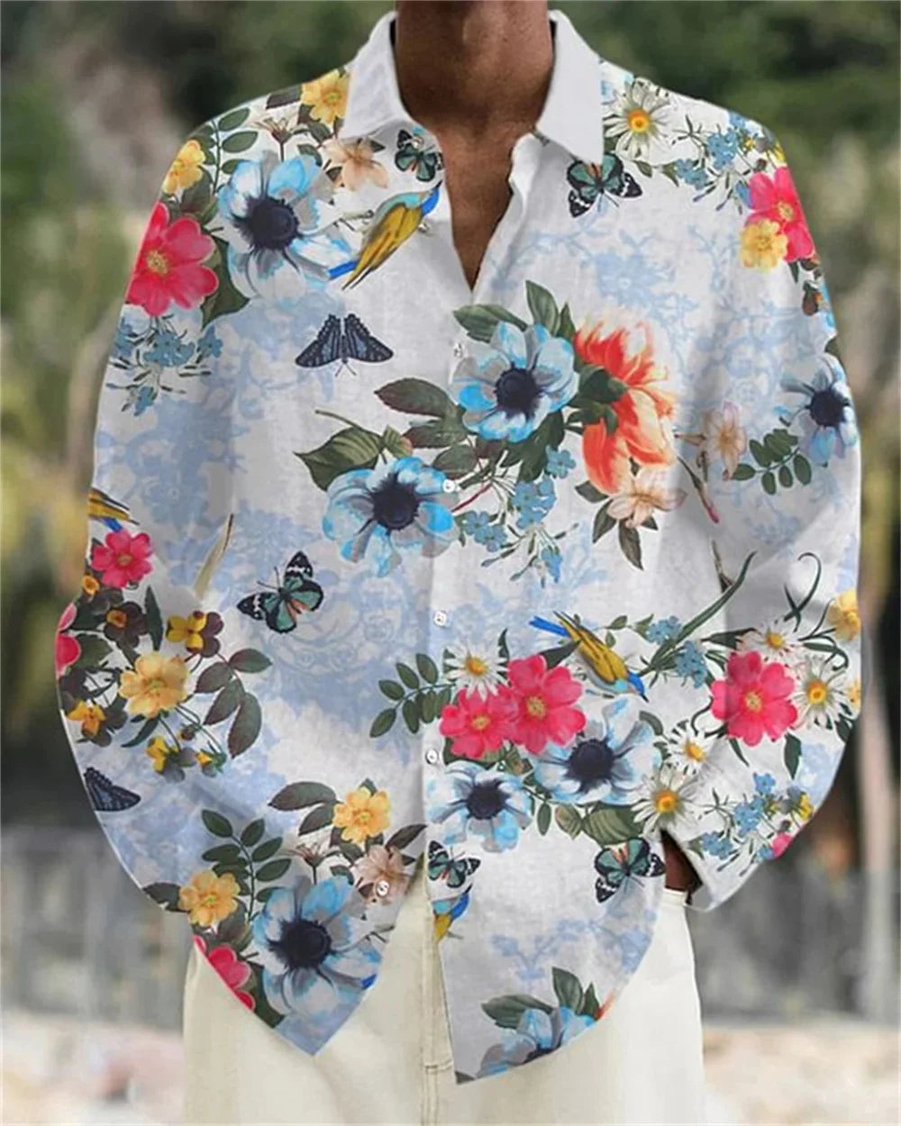 Camisa masculina de manga comprida Camisa impressa em 3D de alta qualidade, padrão floral, primavera e outono, tecido casual e elegante e confortável
