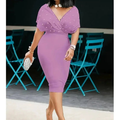 Moda 2025 vestido cor pura sem alças com decote em v meia manga volta zíper frisado vestido de manga curta vestido longo cintura regular