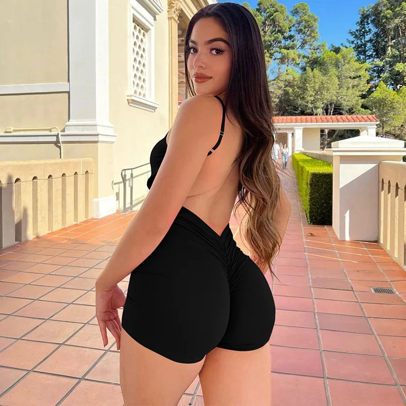 Macacão curto Hugcitar, liso, sem mangas, com decote nas costas, franzido, sexy e justo ao corpo, ideal para o outono, férias e festas.